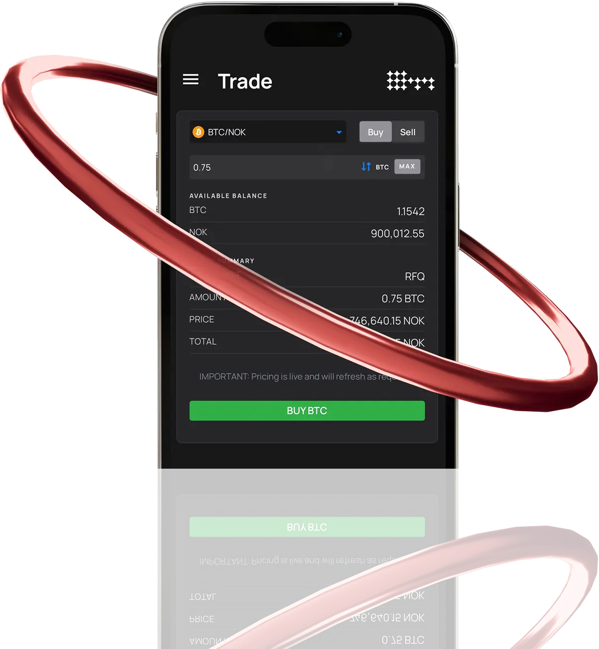 K33 OTC crypto trading app on a phone with Buy BTC button.